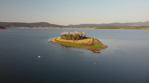 Aerial panoramic view of Island on a Batak Reservoir located in Bulgaria Rhodopa Mountains