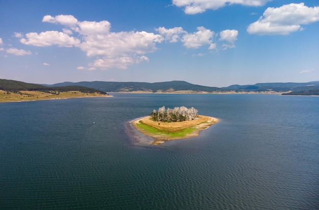 Aerial panoramic view of Island on a Batak Reservoir located in Bulgaria Rhodopa Mountains