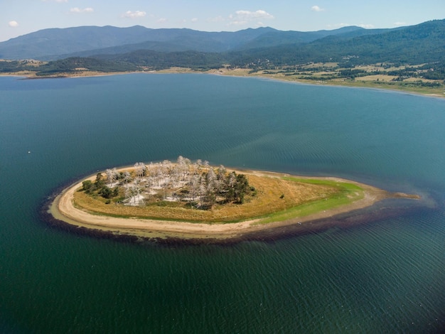 Aerial panoramic view of Island on a Batak Reservoir located in Bulgaria Rhodopa Mountains