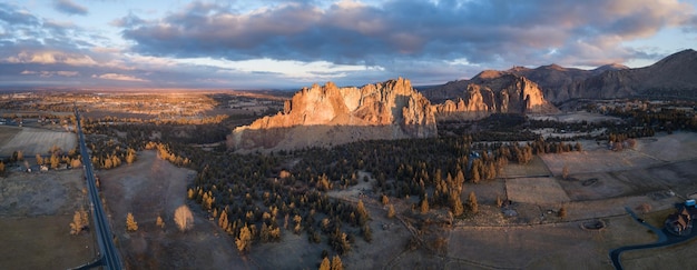 Aerial panoramic view of a landmark Smith Rock American Nature Background