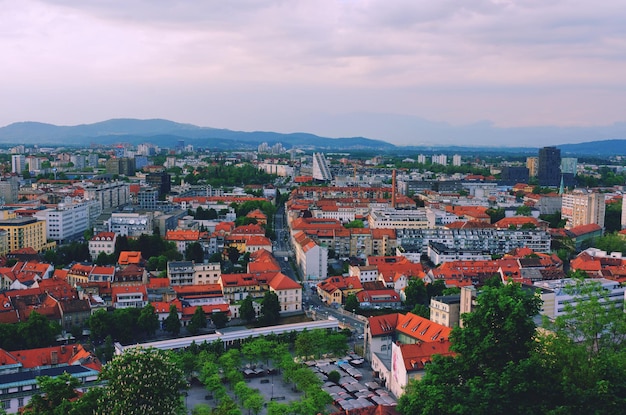 Aerial panoramic view of Ljubljana, capital of Slovenia in warm sunset light. Travel destination