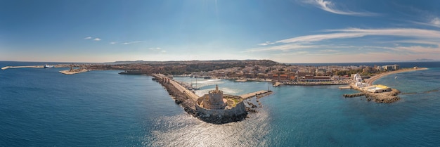 Aerial panoramic view. Mandraki harbor Rhodes Greece