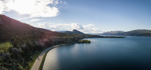 Aerial panoramic view of Okanagan Lake