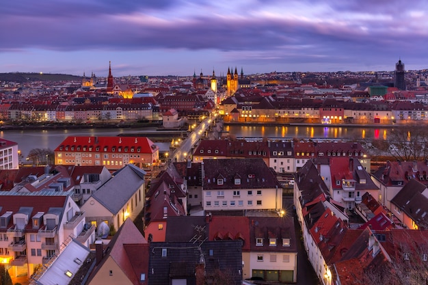 Aerial panoramic view of Old Town with cathedral, city hall and Alte Mainbrucke in Wurzburg, part of the Romantic Road, Franconia, Bavaria, Germany