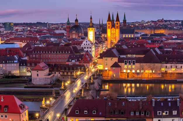 Aerial panoramic view of Old Town with cathedral, city hall and Alte Mainbrucke in Wurzburg, part of the Romantic Road, Franconia, Bavaria, Germany