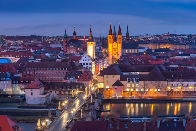 Aerial panoramic view of old town with cathedral city hall and alte mainbrucke in wurzburg part of t