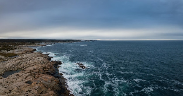 Aerial panoramic view of a rocky coast on the Atlantic Ocean