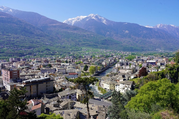 Aerial panoramic view of Sondrio town in Valtellina valley Lombardy Italy