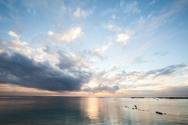 Aerial panoramic view of sunset over ocean