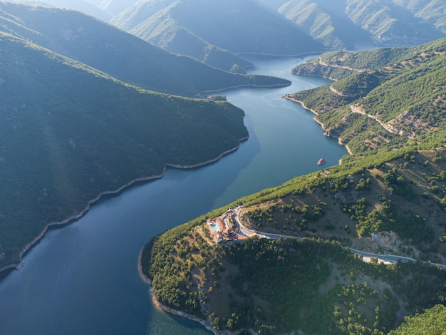 Aerial panoramic view of Vacha Reservoir located in Bulgaria near the Devin city Rhodopa Mountains