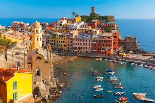 Aerial panoramic view of Vernazza fishing village in the evening, Five lands, Cinque Terre National Park, Liguria, Italy.