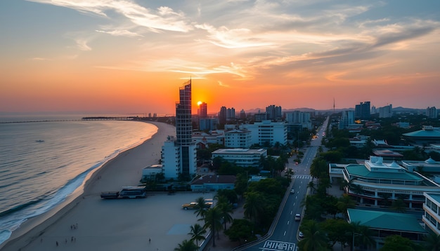 Photo aerial of pattaya thailand at sunset drone fly above beach road and walking street isolated with