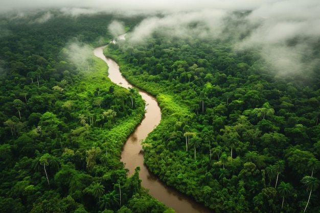 Aerial Perspective Captures River Meandering Through Lush Rainforest During Rainfall