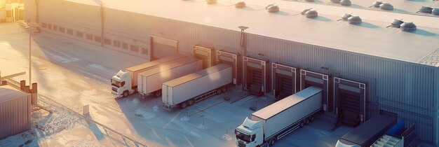 Photo aerial perspective of a cold storage facility with large refrigeration units and trucks parked outside for loading