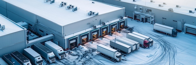 Photo aerial perspective of a cold storage facility with large refrigeration units and trucks parked outside for loading