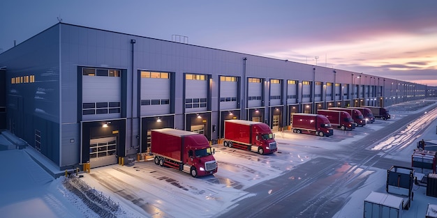 Aerial perspective of a cold storage facility with large refrigeration units and trucks parked outside for loading