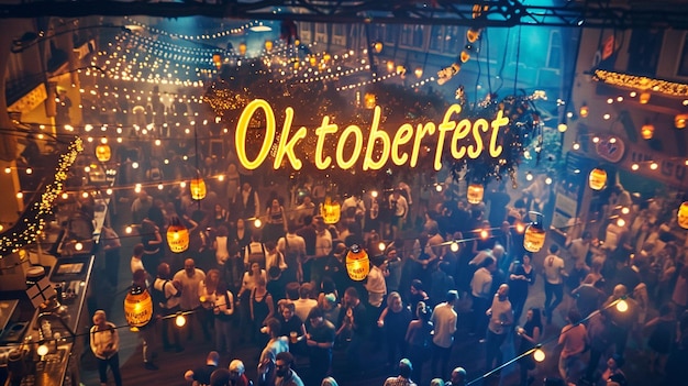 Photo aerial perspective of a lively oktoberfest beer garden with traditional decorations featuring oktoberfest written in bold font offering ample space for text below