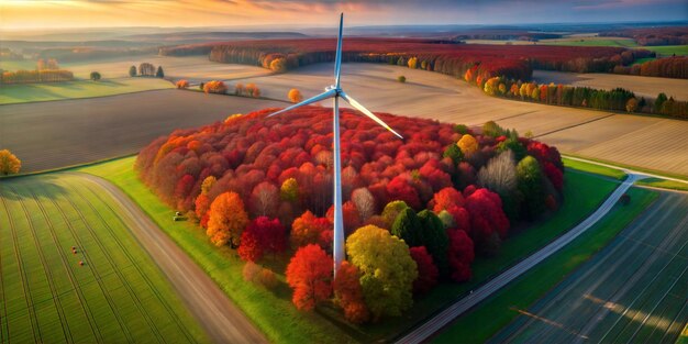 Photo aerial perspective of a wind turbine standing alone with a red tree