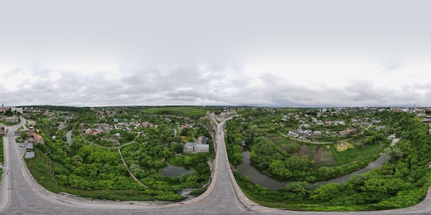 Aerial photo 360  panorama by KamianetsPodilskyi medieval castle and old town in Ukraine