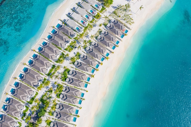 Aerial photo of beautiful paradise Maldives tropical beach on island Summer and travel vacation