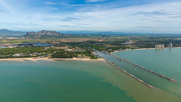 Aerial photo of Cha-am pier in  Phetchaburi Province, Thailand