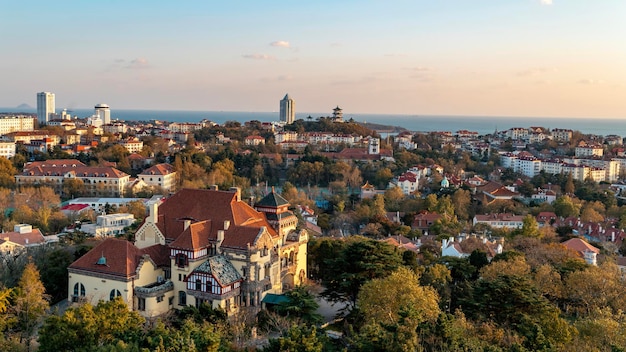 Aerial photo of European architectural landscape in Qingdao Coastal Bay Area