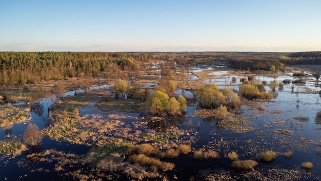 Aerial photo of flooded valley of small river in Ukraine Spring flooding