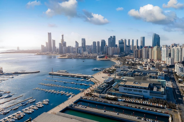 Aerial photo of urban landscape in Qingdao coastal bay area