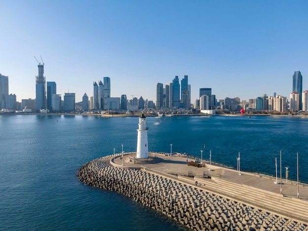 Aerial photo of urban landscape in Qingdao coastal bay area