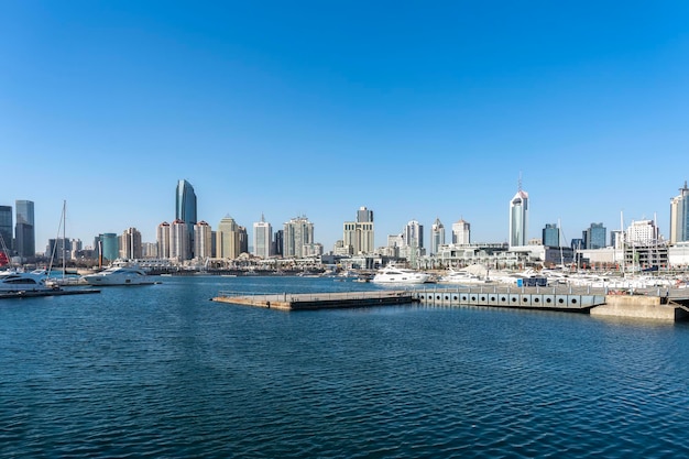 Aerial photo of urban landscape in Qingdao coastal bay area