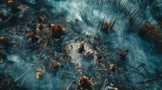 Aerial photograph capturing the aftermath of a wildfire showing smoke and charred tree stumps in a devastated forest landscape