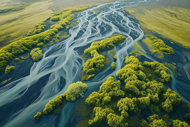 Aerial Photograph of a Glacial River Delta with many meandering branches and veins