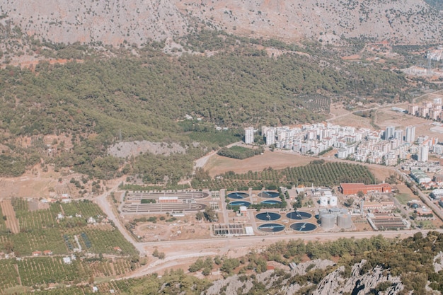 Aerial photograph of sewage treatment plants in Liman, Antalya city scape, Turkey.