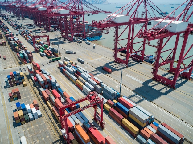 Aerial photographing of container area of harbor and large crane