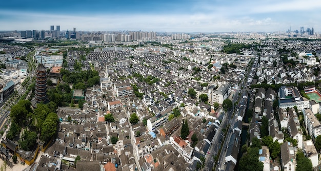 Aerial photography of ancient buildings in the North Temple Tower in Suzhou Old Town