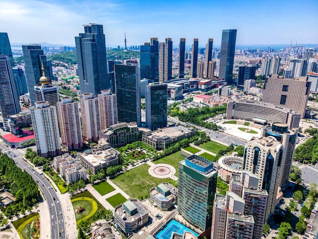 Aerial photography of architectural landscape skyline along Qingdao urban coastline