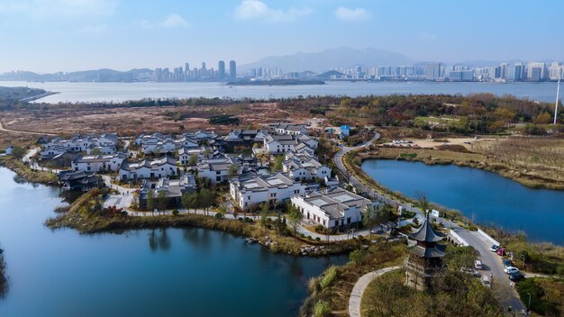 Aerial photography of autumn scenery in the beautiful rural town of Qingdao, China