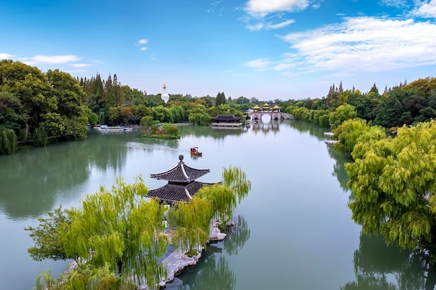 Aerial photography of Chinese garden landscape of Slender West Lake in Yangzhou