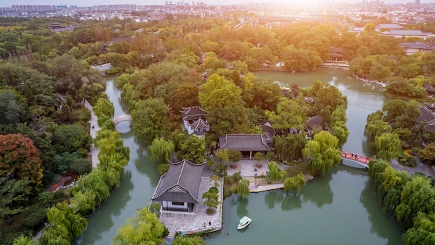 Aerial photography of Chinese garden landscape of Slender West Lake in Yangzhou