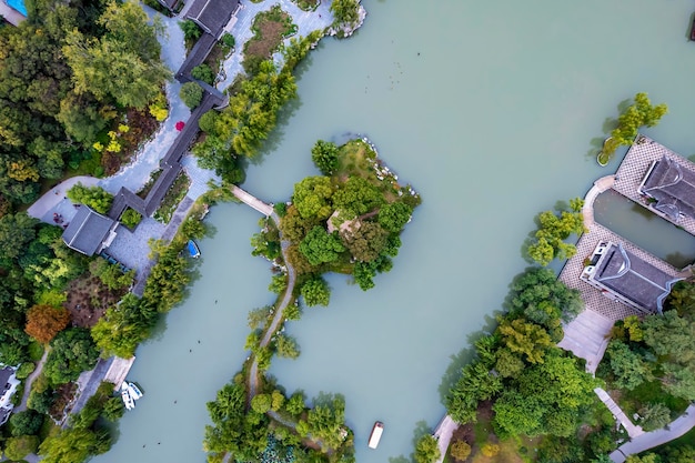 Aerial photography of Chinese garden landscape of Slender West Lake in Yangzhou