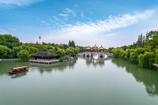 Aerial photography of Chinese garden scenery of Slender West Lake in Yangzhou