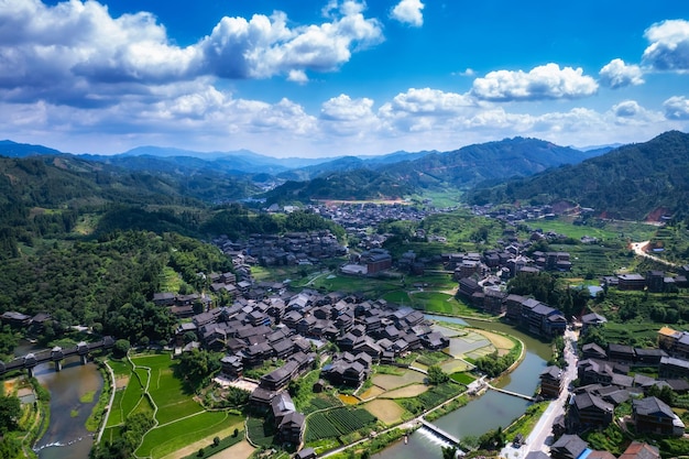 Aerial photography of Liuzhou Sanjiang Chengyang Bazhai pastoral scenery panorama