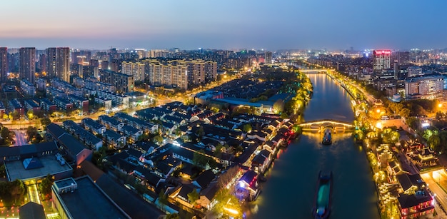 Aerial photography of the night view of the ancient buildings on the Gongchen Bridge in Hangzhou