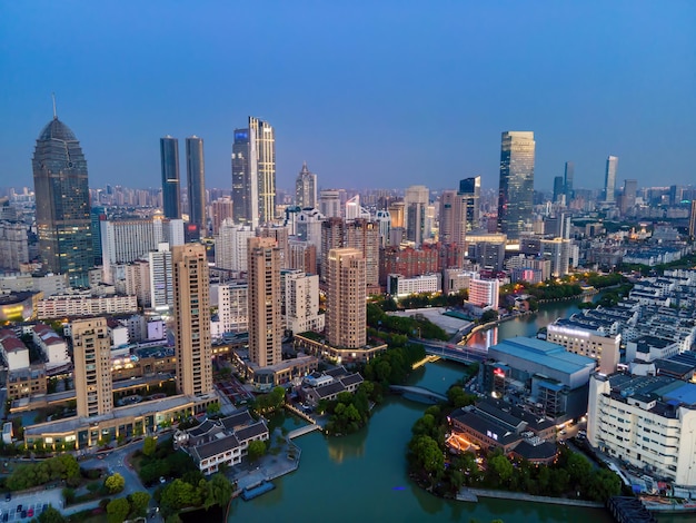 Aerial photography of the night view and architectural landscape skyline of modern Chinese cities