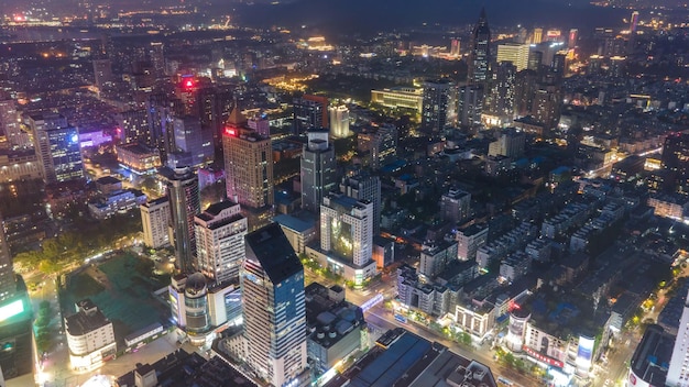 Aerial photography of the night view of modern architectural landscape in Nanjing China