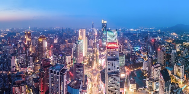 Aerial photography of the night view of modern architectural landscape in Nanjing China