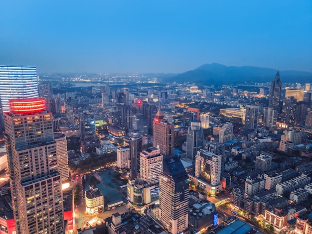 Aerial photography of the night view of modern architectural landscape in Nanjing China