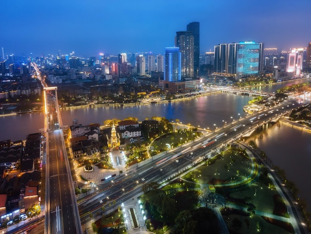 Aerial photography ningbo city architecture landscape skyline night view large format