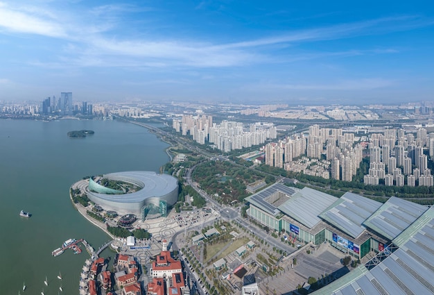 Aerial photography of office building of Suzhou East Lake International Financial Center