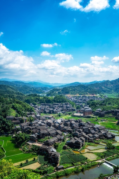 Aerial photography of the pastoral scenery of ancient Dong people's houses in Bazhai Chengyang Liuzhou